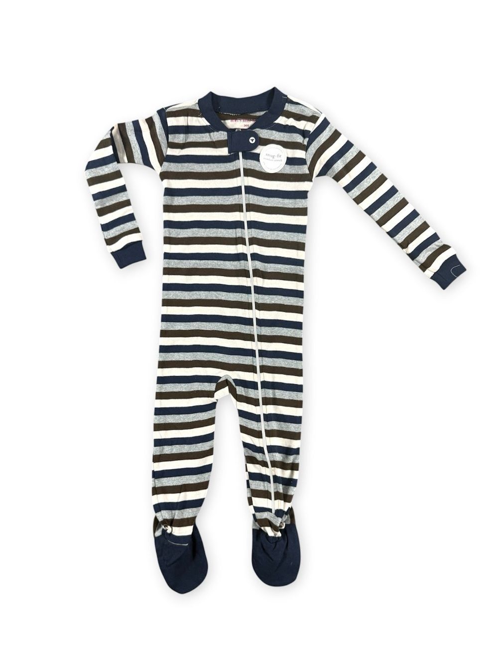 NWT Burt’s Bees Striped Navy, Brown & Cream Kids One-Piece Footed Pajamas 24m